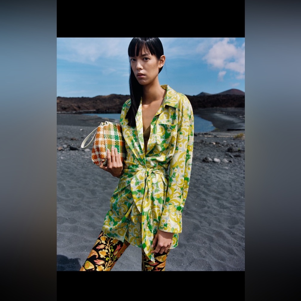 Zara wrap satin printed minidress with green and yellow pattern
